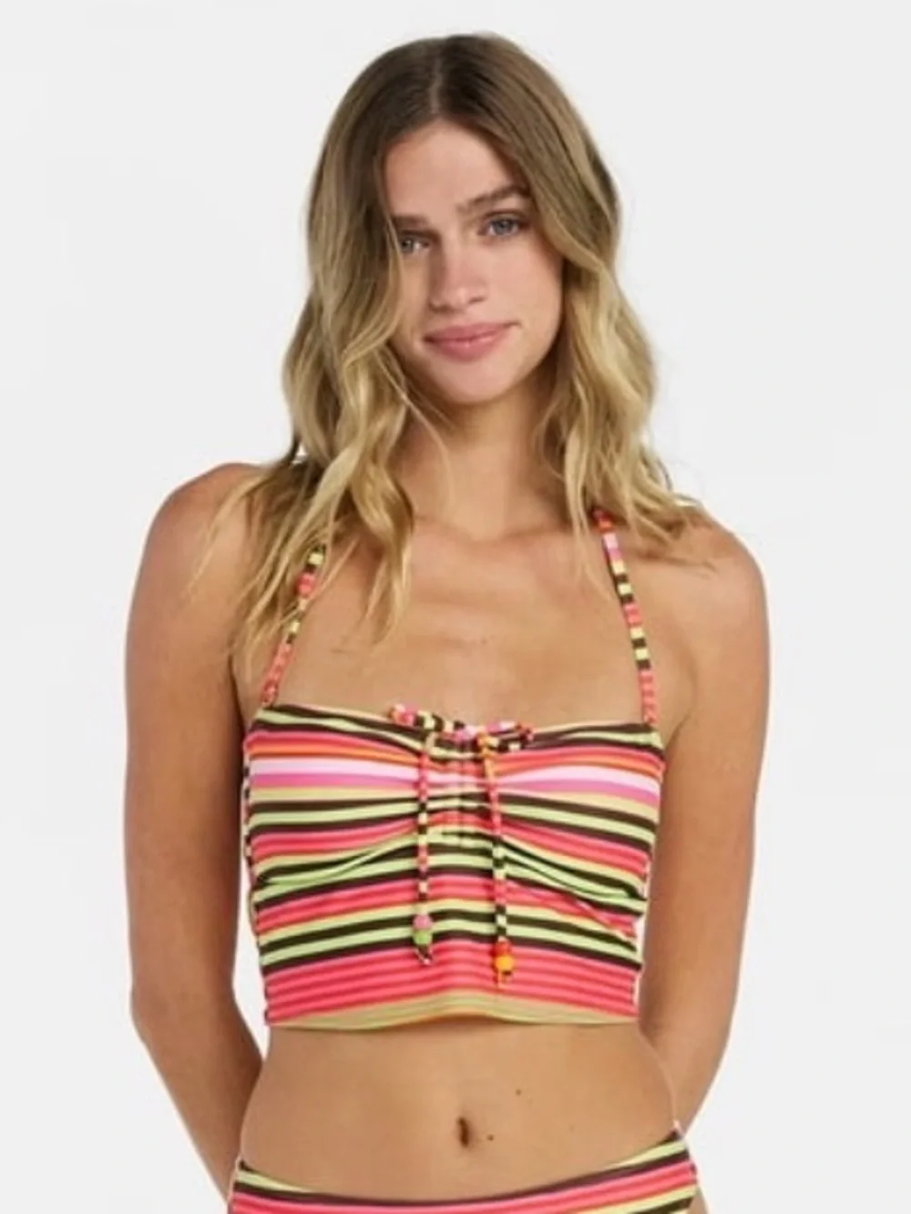 No Boundaries Striped Bandeau Tankini & Side Tie Bikini Set XS Colorful Bead NWT